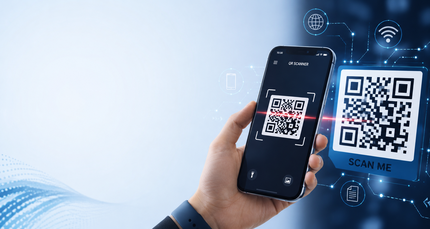 A sleek, high-resolution technology scene showcasing a modern smartphone actively scanning a large QR code with a glowing red scan beam.